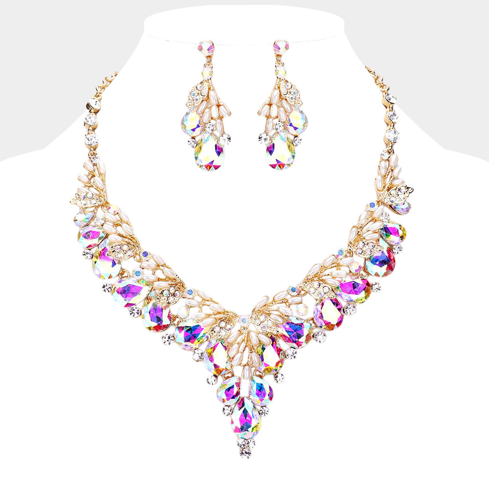 Madeline Love AB, Gold Teardrop Glass Crystal Pearl Vine Evening Necklace