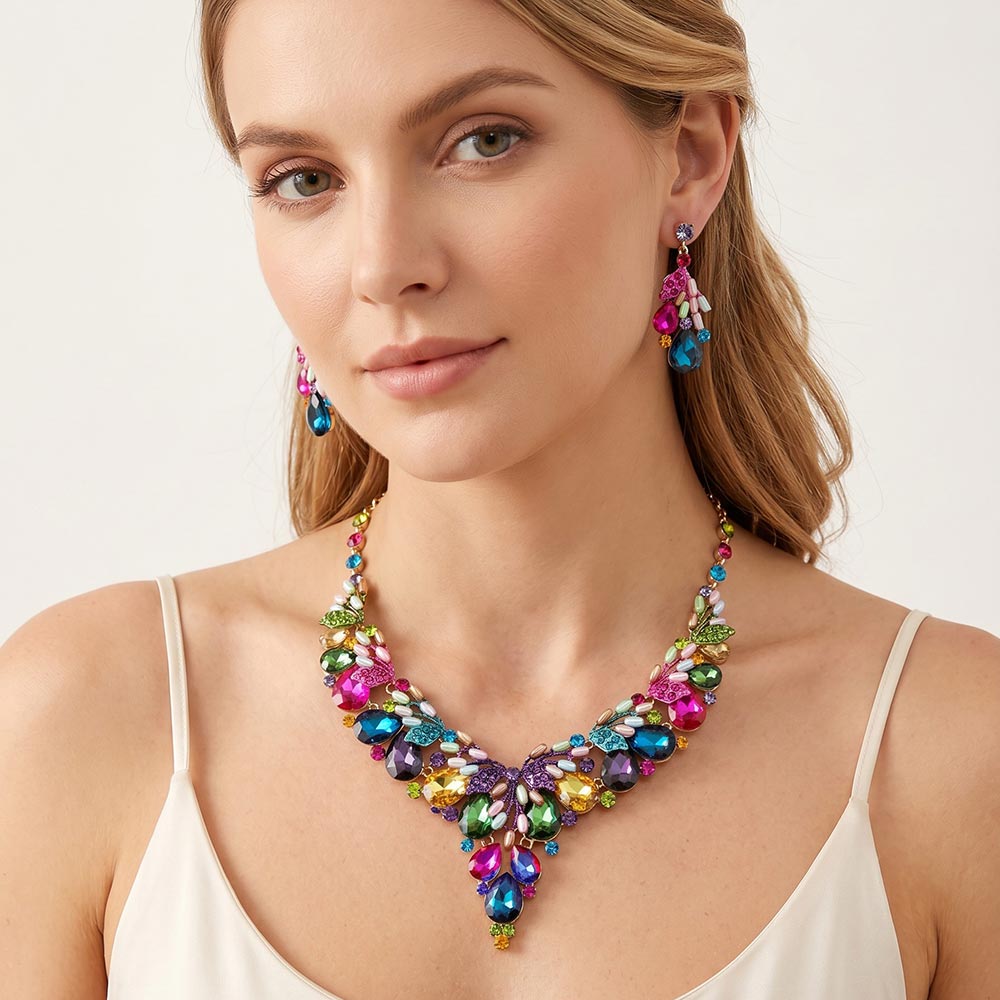 Madeline Love Gold, Multi Teardrop Glass Crystal Pearl Vine Evening Necklace