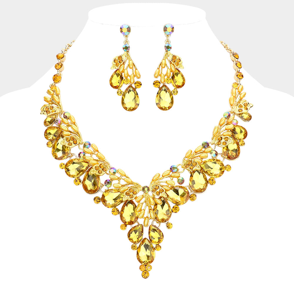 Madeline Love Yellow Teardrop Glass Crystal Pearl Vine Evening Necklace