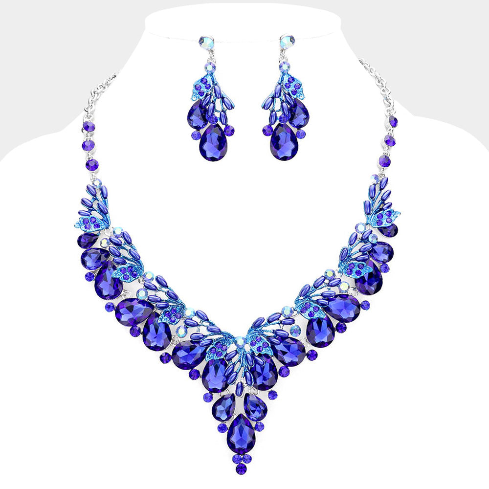Rhodium, Royal Blue Teardrop Glass Crystal Vine Collar Evening Necklace