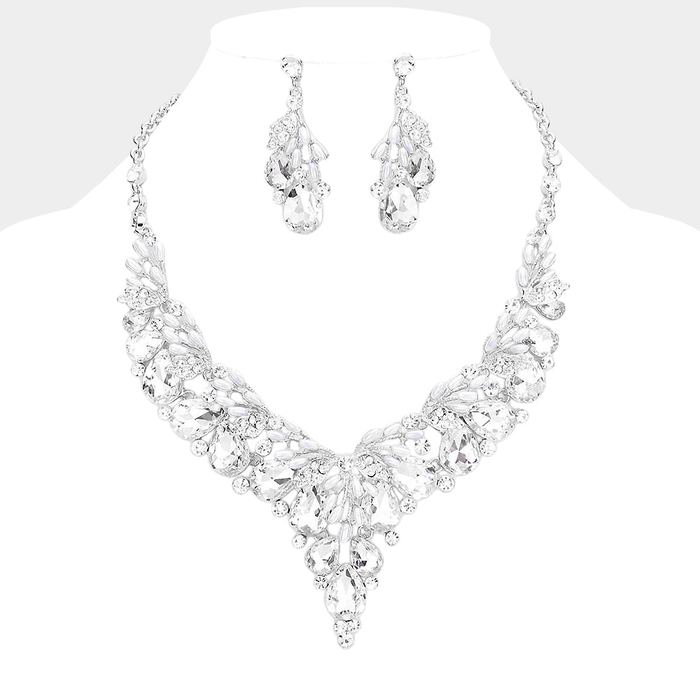 Madeline Love Clear, Rhodium Teardrop Glass Crystal Vine Collar Evening Necklace