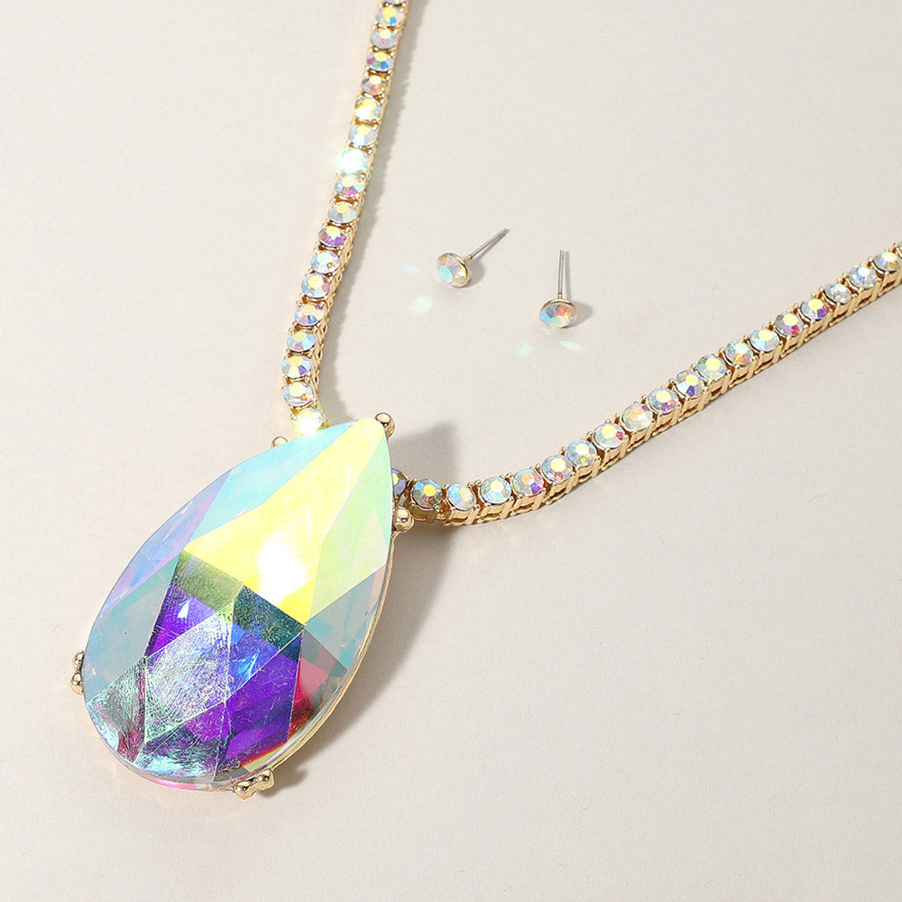 Madeline Love AB, Gold Oversized Teardrop Glass Stone Pendant Bling Studded Chunky Chain Necklace