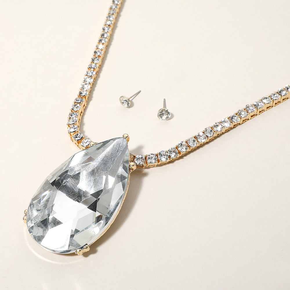 Madeline Love Clear, Gold Oversized Teardrop Glass Stone Pendant Bling Studded Chunky Chain Necklace