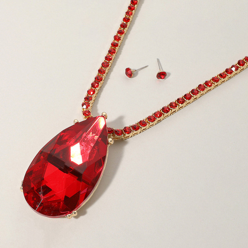 Madeline Love Gold, Siam Oversized Teardrop Glass Stone Pendant Bling Studded Chunky Chain Necklace