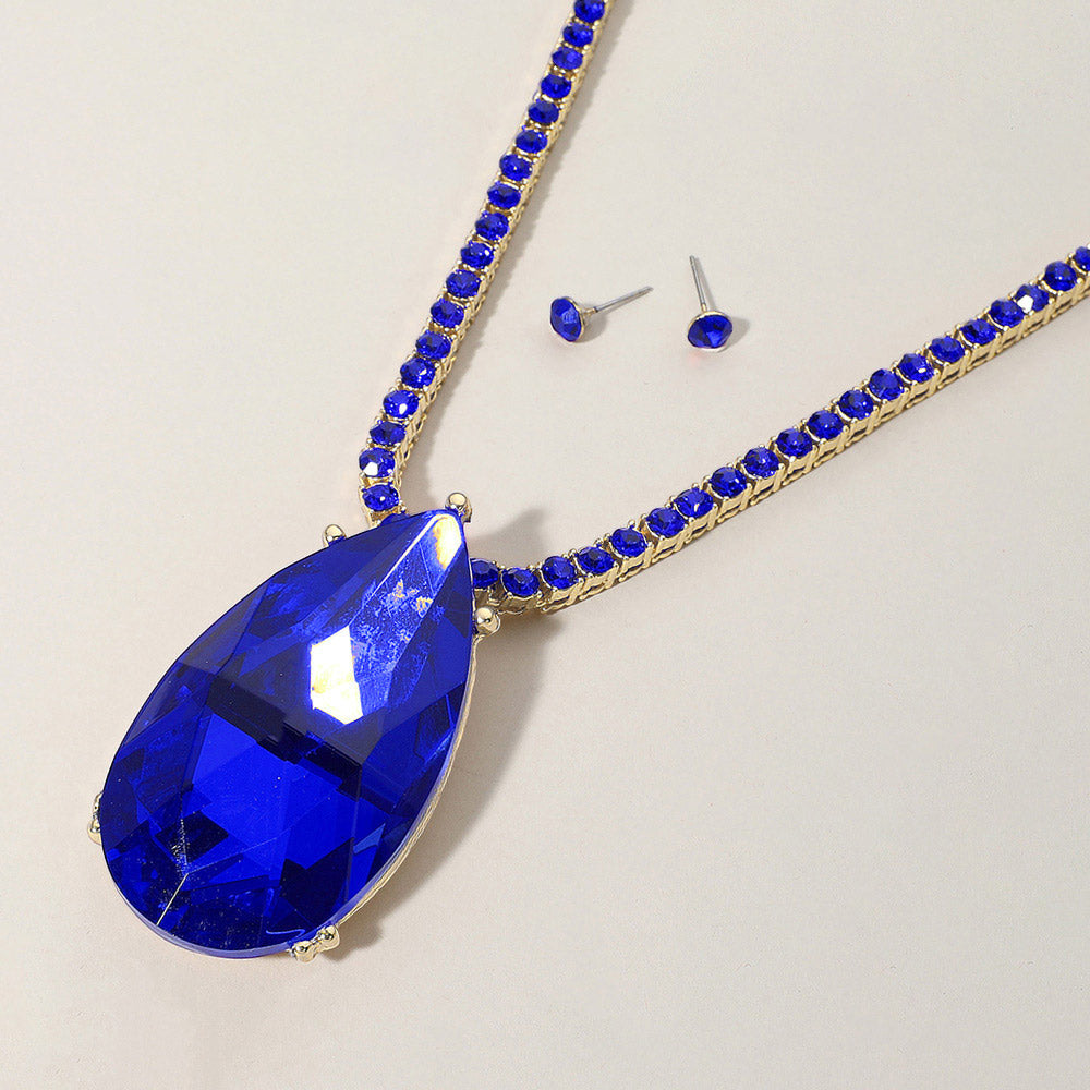 Madeline Love Gold, Sapphire Oversized Teardrop Glass Stone Pendant Bling Studded Chunky Chain Necklace