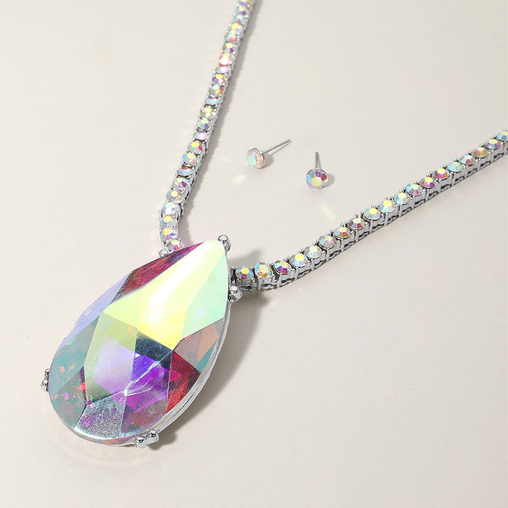 Madeline Love AB, Silver Oversized Teardrop Glass Stone Pendant Bling Studded Chunky Chain Necklace