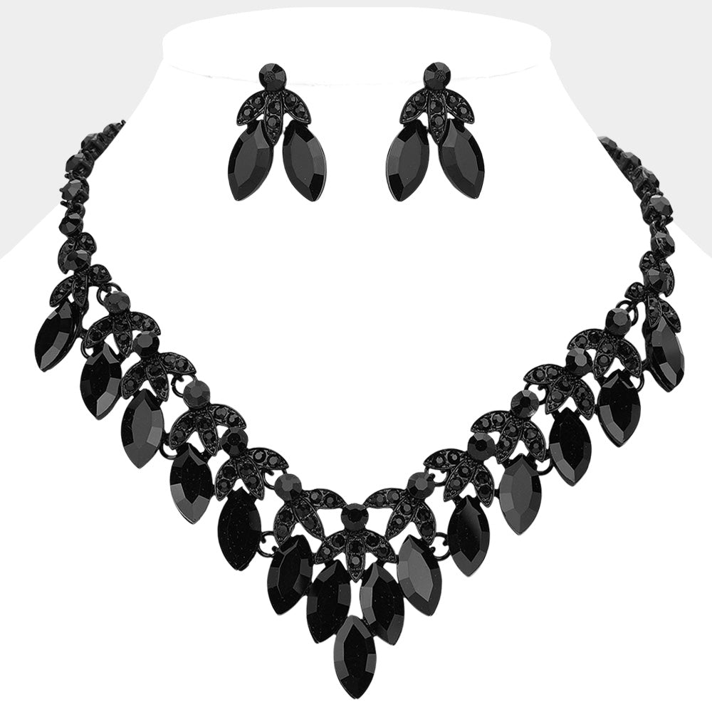 Black, Jet Black Marquise Stone Cluster Embellished V Shaped Evening Necklace