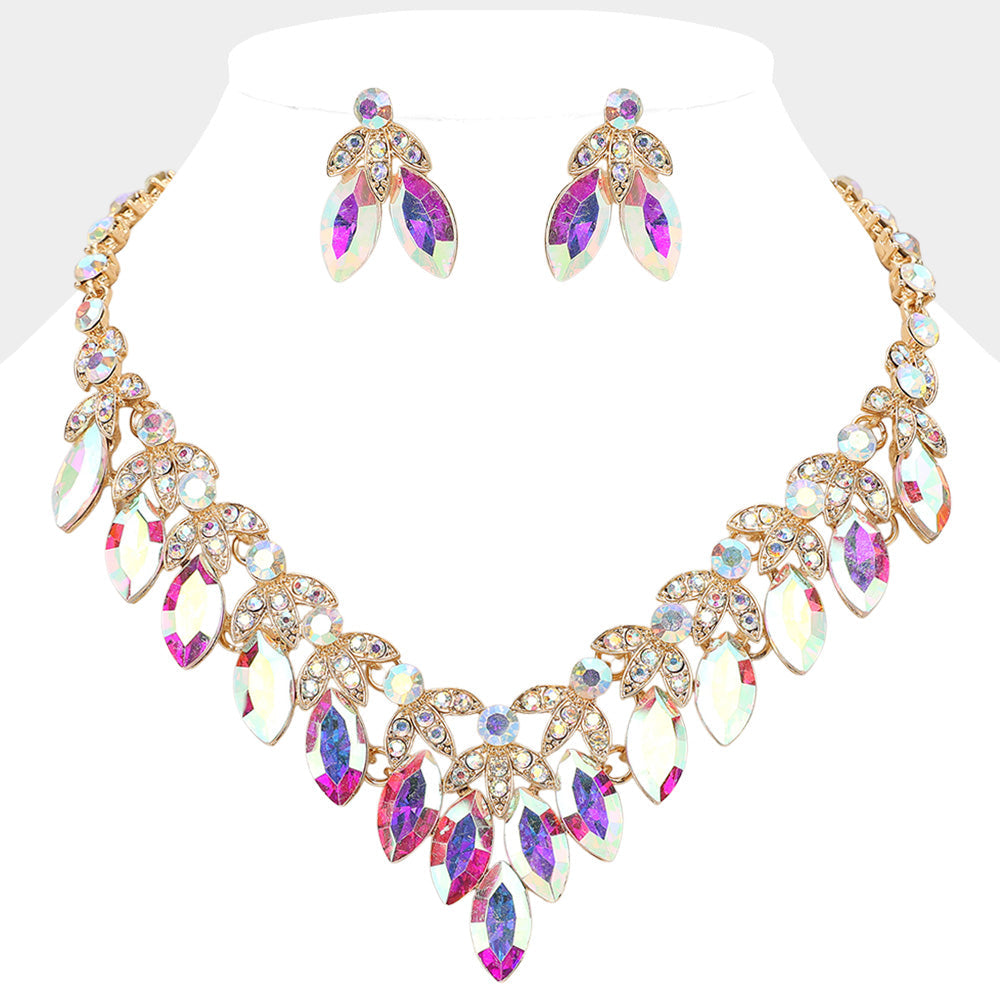 AB, Gold Marquise Stone Cluster Embellished V Shaped Evening Necklace