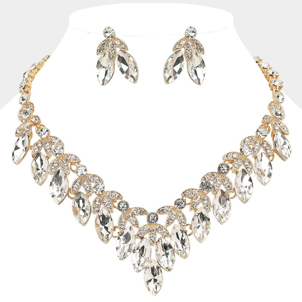 Madeline Love Clear, Gold Marquise Stone Cluster Embellished V Shaped Evening Necklace