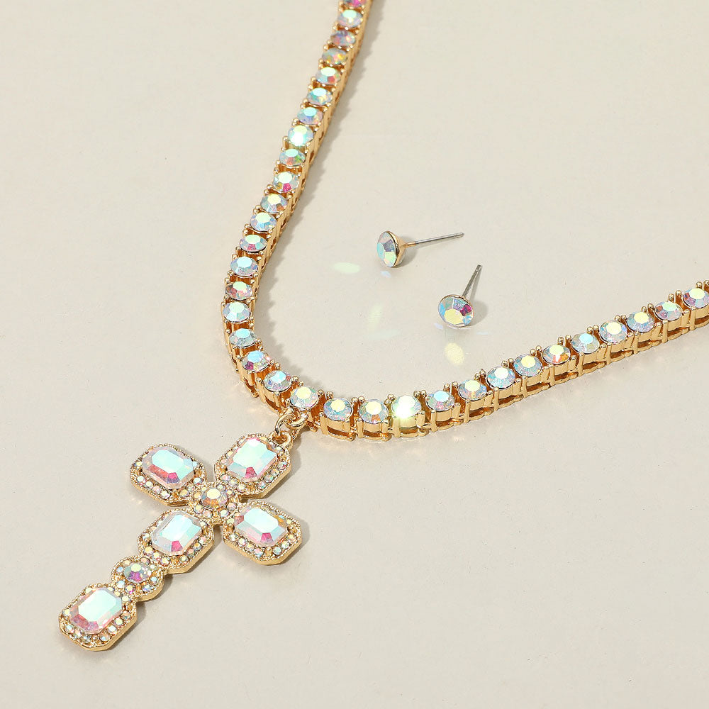 Madeline Love AB, Gold Stone Embellished Cross Pendant Bling Studded Chunky Chain Necklace