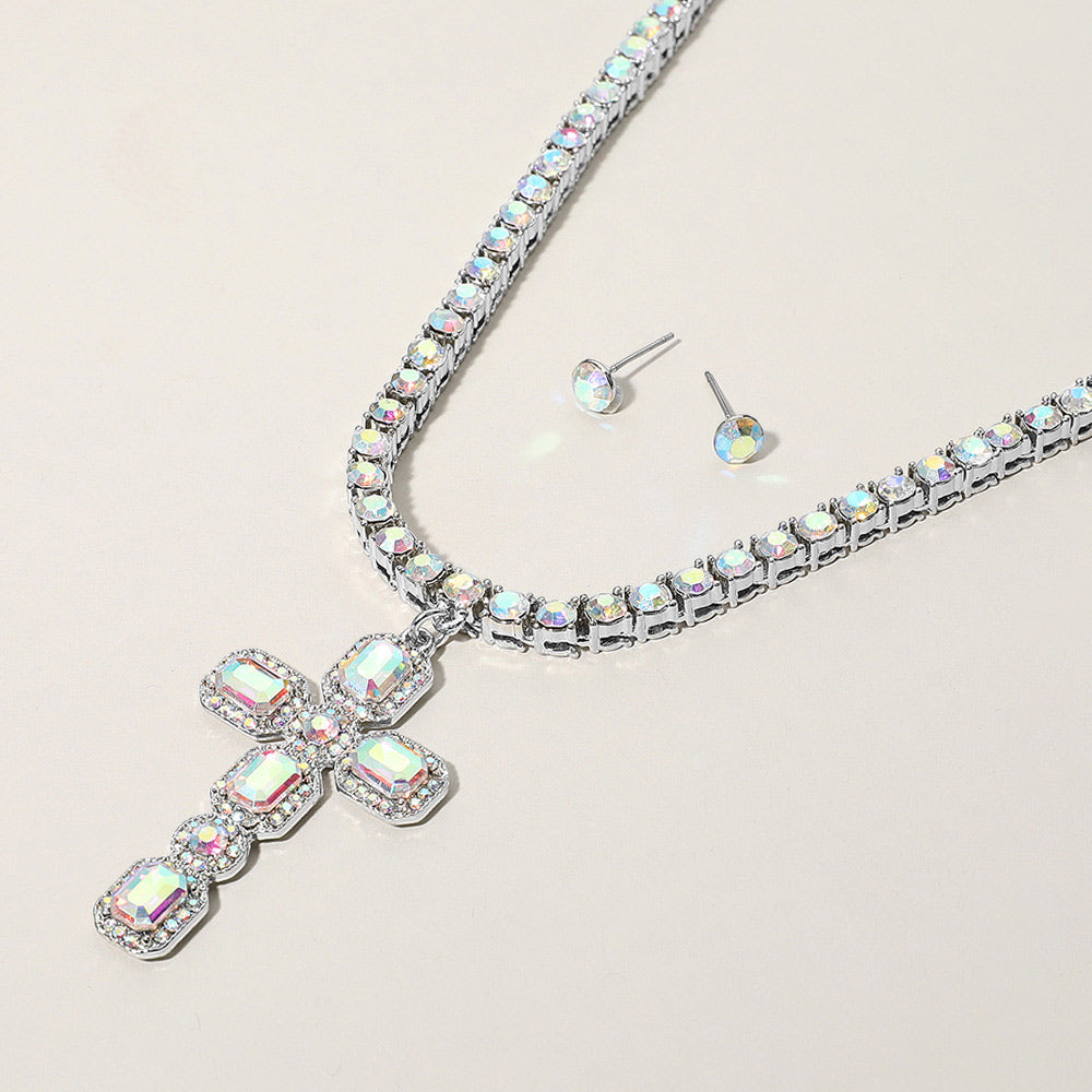 Madeline Love AB, Silver Stone Embellished Cross Pendant Bling Studded Chunky Chain Necklace
