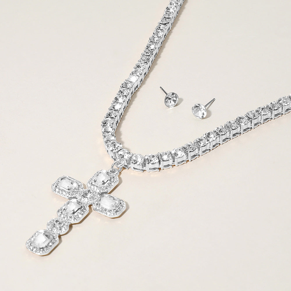 Madeline Love Clear, Silver Stone Embellished Cross Pendant Bling Studded Chunky Chain Necklace