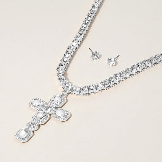 Madeline Love Clear, Silver Stone Embellished Cross Pendant Bling Studded Chunky Chain Necklace
