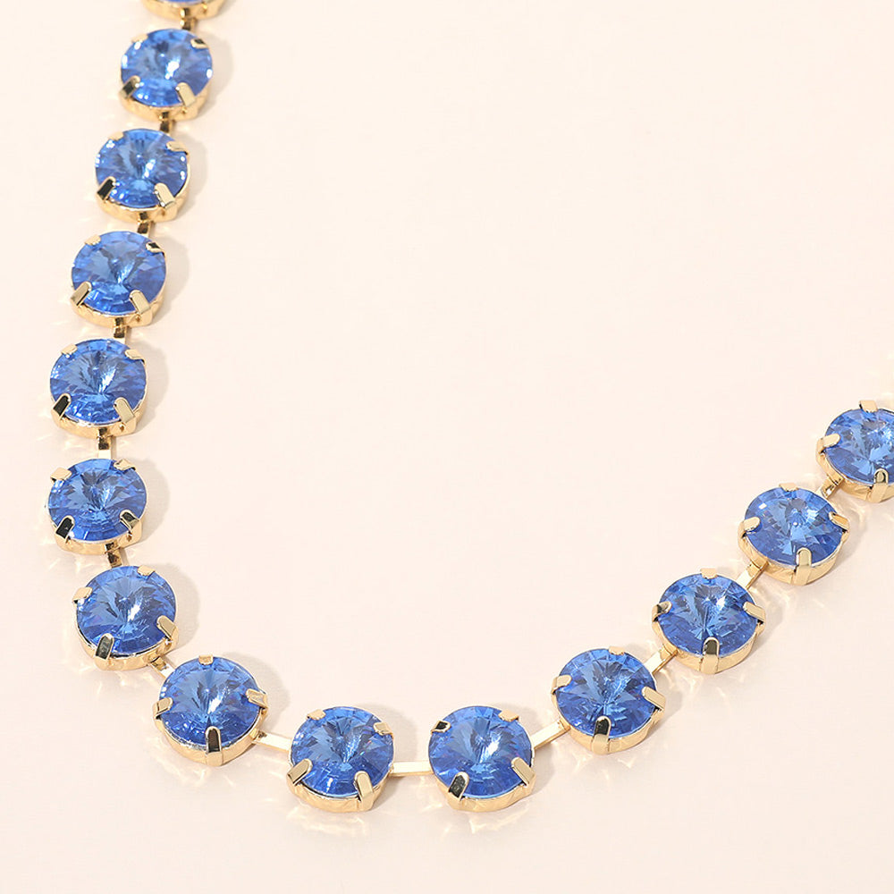 Madeline Love Blue, Gold Round Cut Stone Cluster Link Evening Necklace