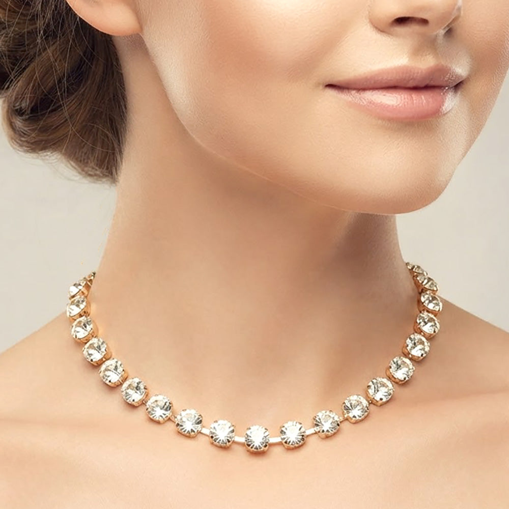 Madeline Love Clear, Gold Round Cut Stone Cluster Link Evening Necklace