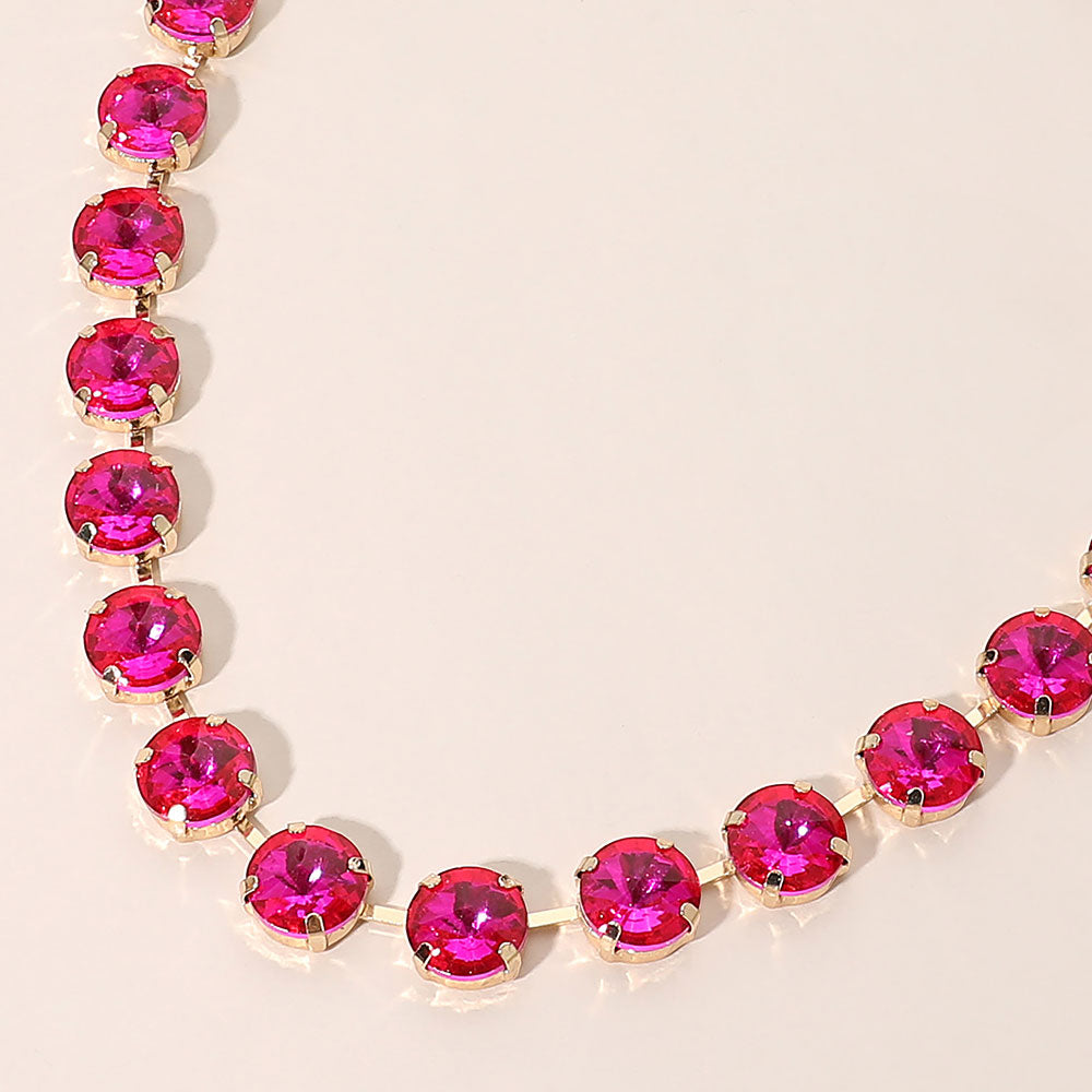 Madeline Love Fuchsia, Gold Round Cut Stone Cluster Link Evening Necklace