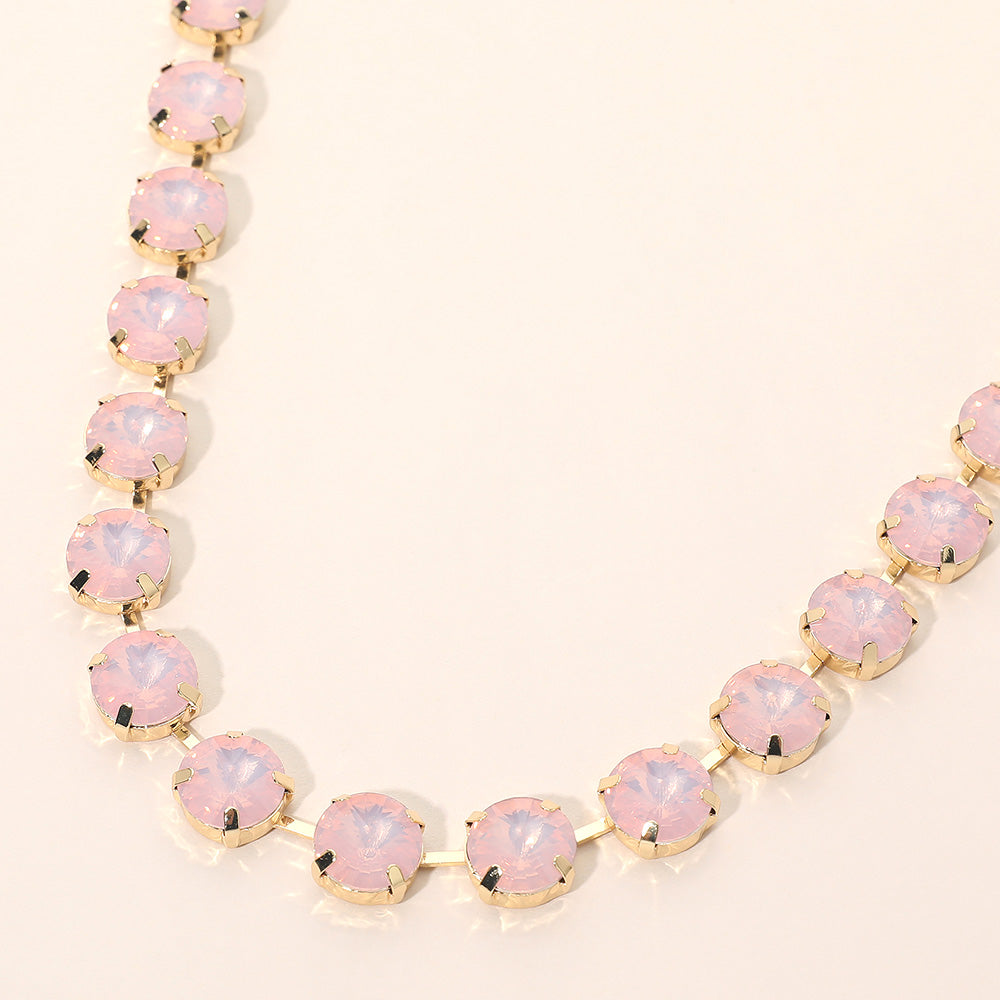 Madeline Love Gold, Opal, Pink Round Cut Stone Cluster Link Evening Necklace