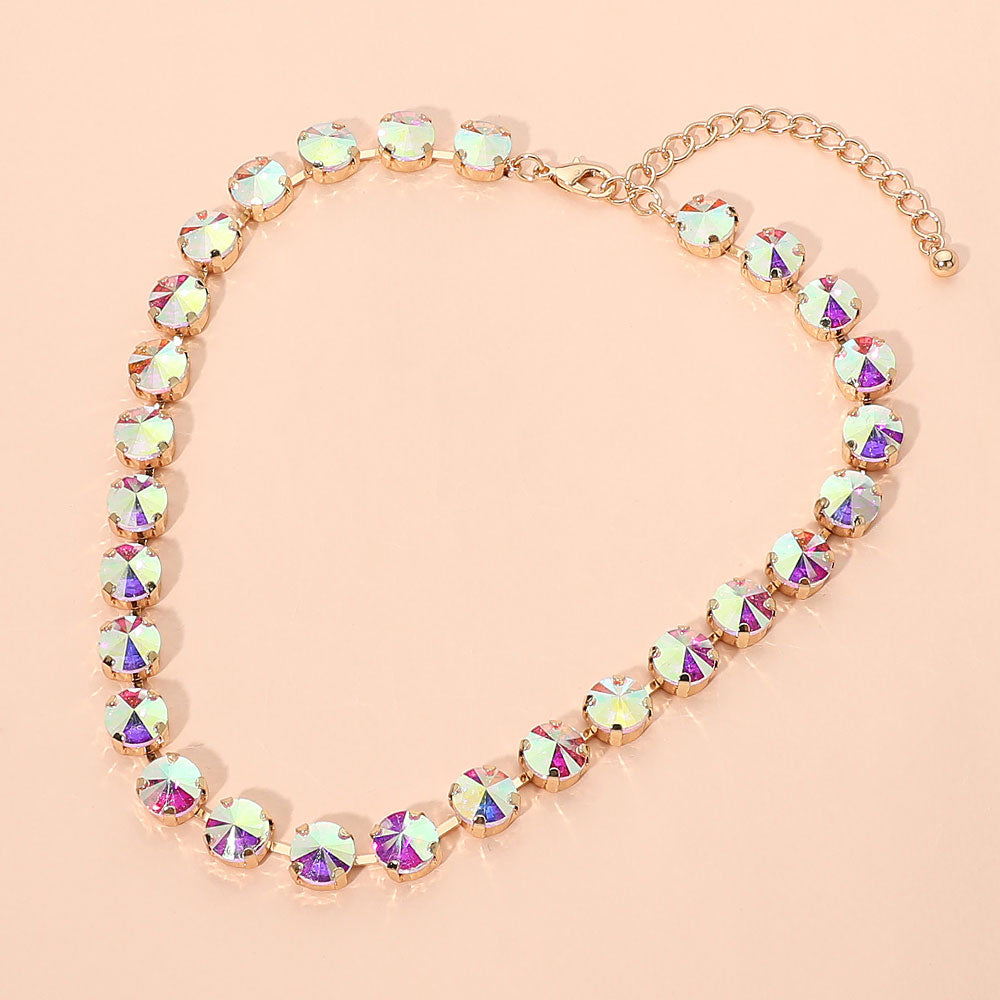 Madeline Love AB, Gold Round Faceted Stone Cluster Link Tennis Style Evening Necklace