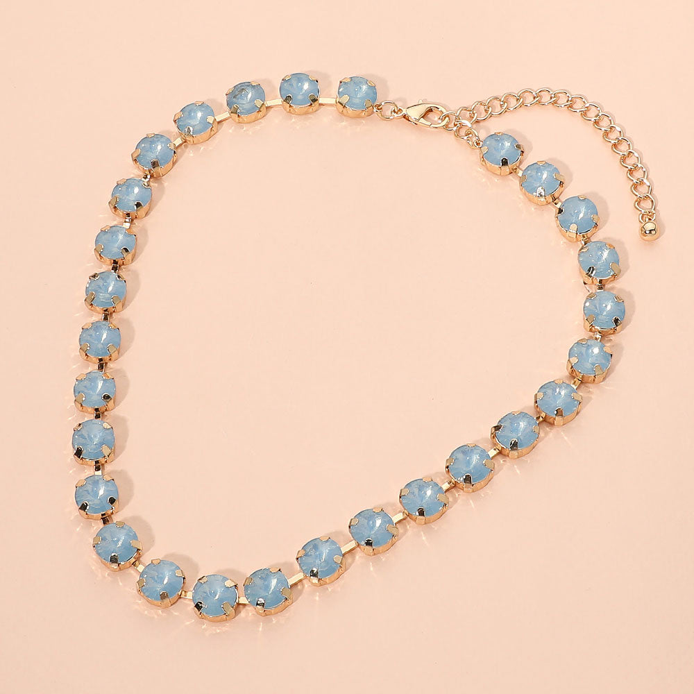 Madeline Love Blue, Gold, Opal Round Faceted Stone Cluster Link Tennis Style Evening Necklace