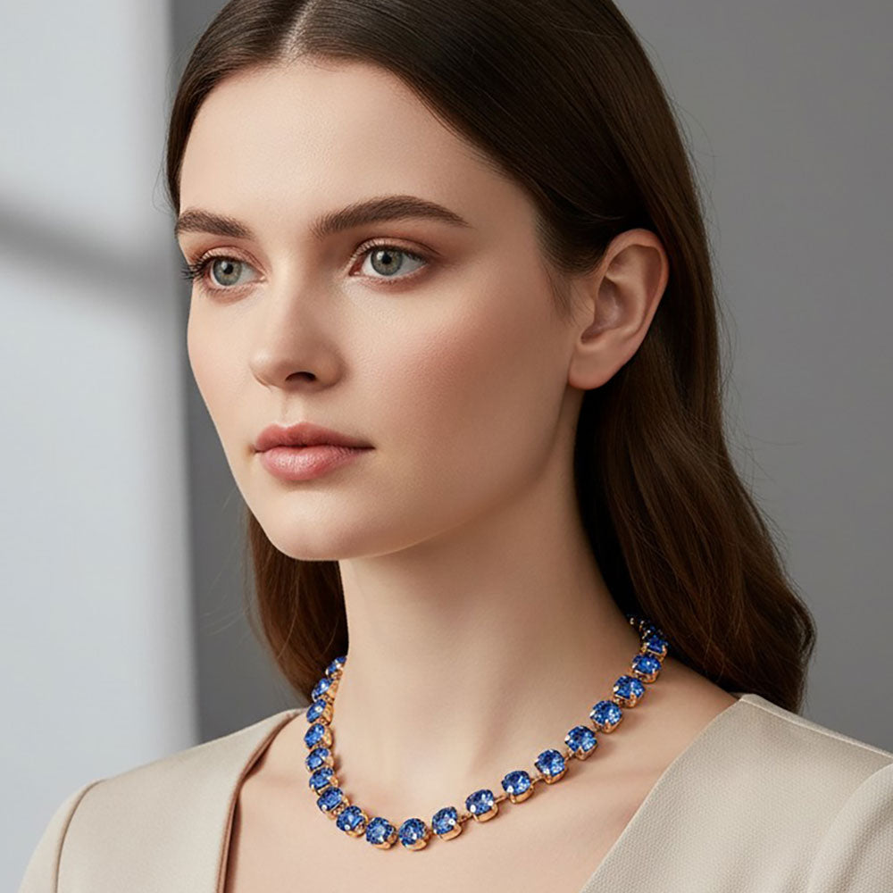 Madeline Love Blue, Gold Round Faceted Stone Cluster Link Tennis Style Evening Necklace
