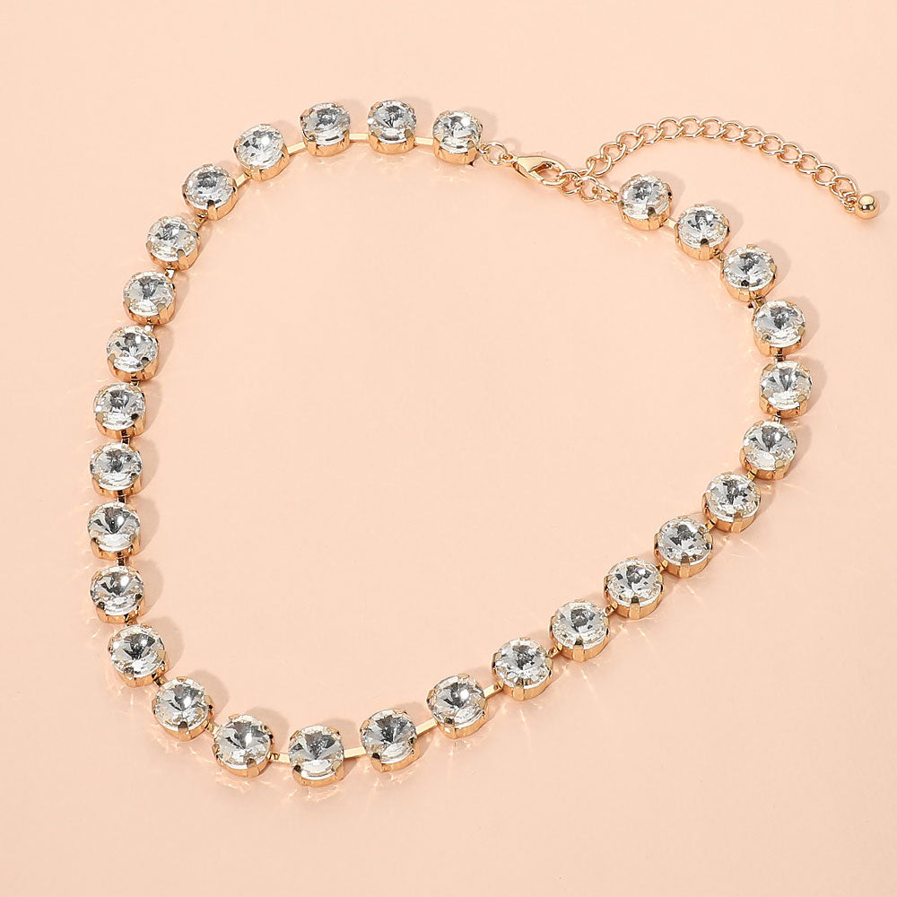 Madeline Love Clear, Gold Round Faceted Stone Cluster Link Tennis Style Evening Necklace