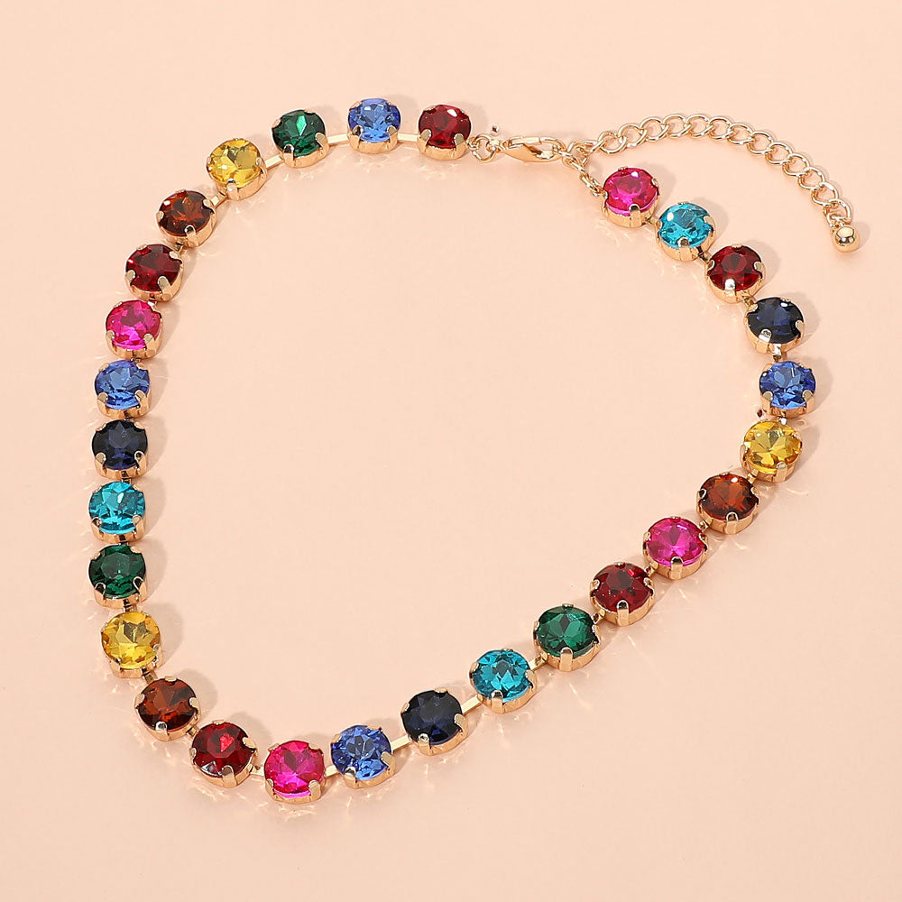 Madeline Love Dark, Gold, Multi Round Faceted Stone Cluster Link Tennis Style Evening Necklace