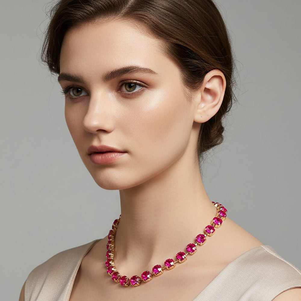 Madeline Love Fuchsia, Gold Round Faceted Stone Cluster Link Tennis Style Evening Necklace