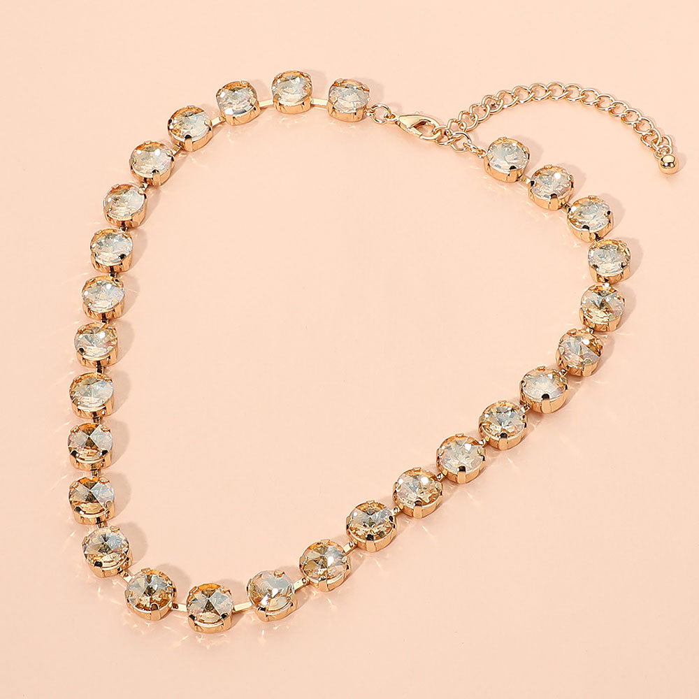 Madeline Love Gold, Lt Col Topaz Round Faceted Stone Cluster Link Tennis Style Evening Necklace