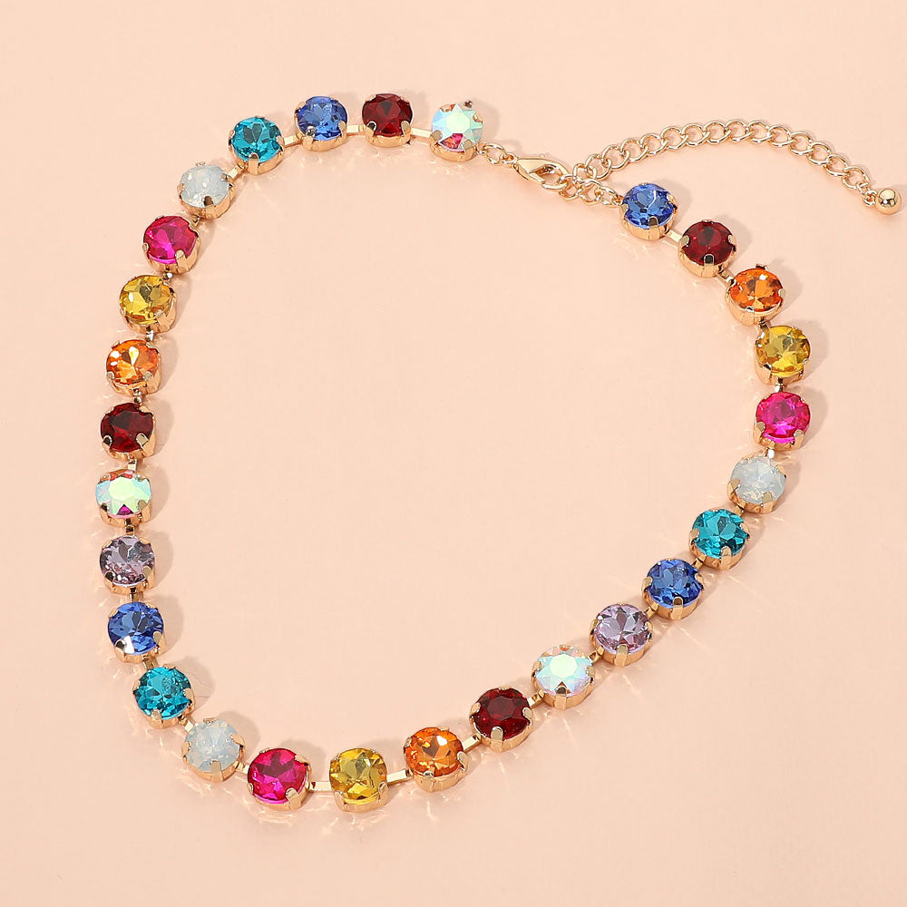 Madeline Love Gold, Multi Round Faceted Stone Cluster Link Tennis Style Evening Necklace