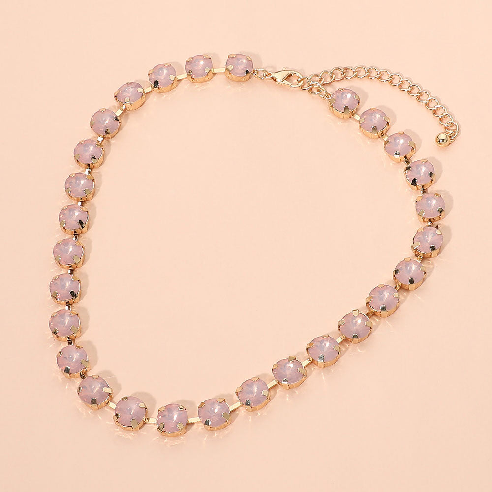 Madeline Love Gold, Opal, Pink Round Faceted Stone Cluster Link Tennis Style Evening Necklace