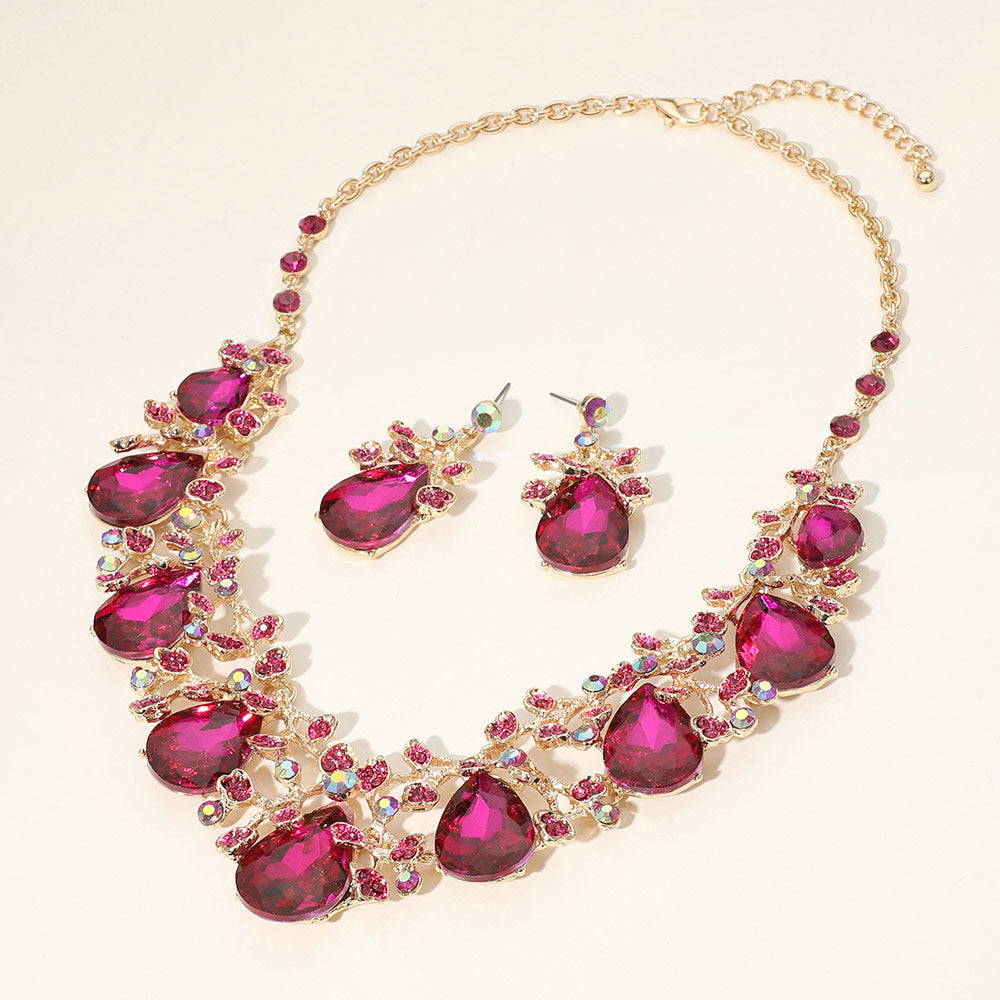 Fuchsia Teardrop Crystal Rhinestone Floral Vine Evening Necklace