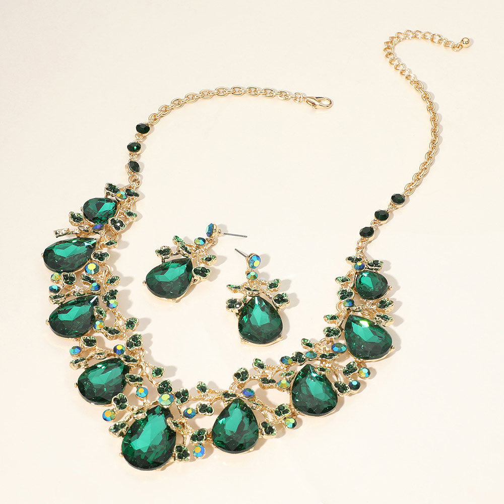 Gold, Green Teardrop Crystal Rhinestone Floral Vine Evening Necklace