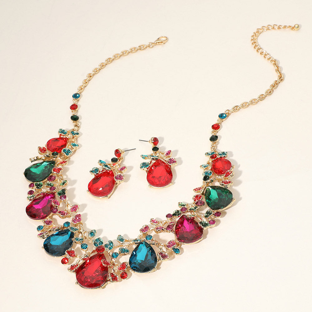 Multi Teardrop Crystal Rhinestone Floral Vine Evening Necklace