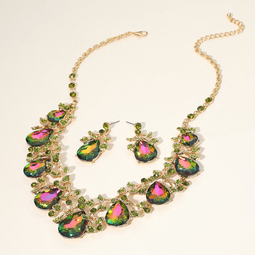 Gold Teardrop Crystal Rhinestone Floral Vine Evening Necklace