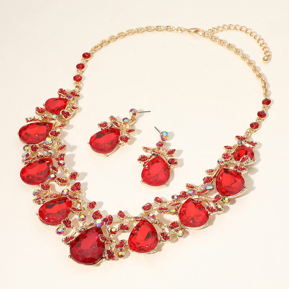 Gold, Red Teardrop Crystal Rhinestone Floral Vine Evening Necklace