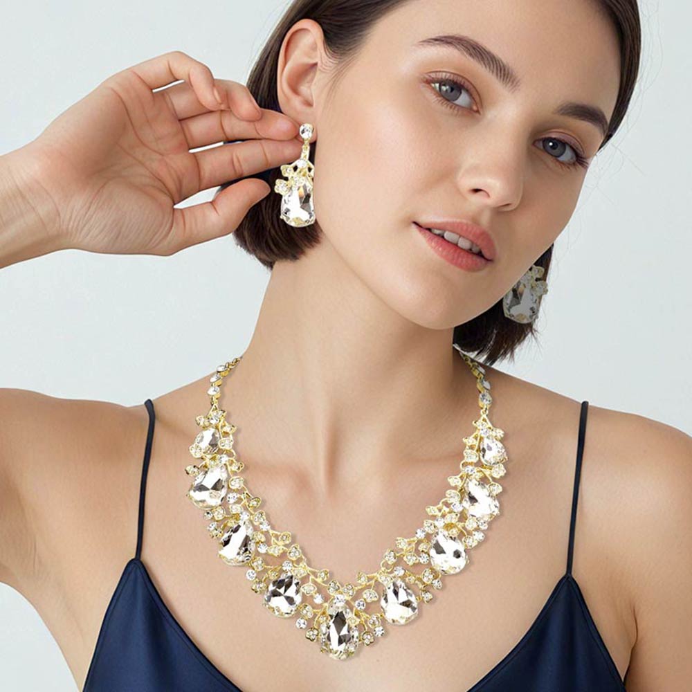 Madeline Love Clear, Gold Teardrop Crystal Rhinestone Floral Vine Evening Necklace
