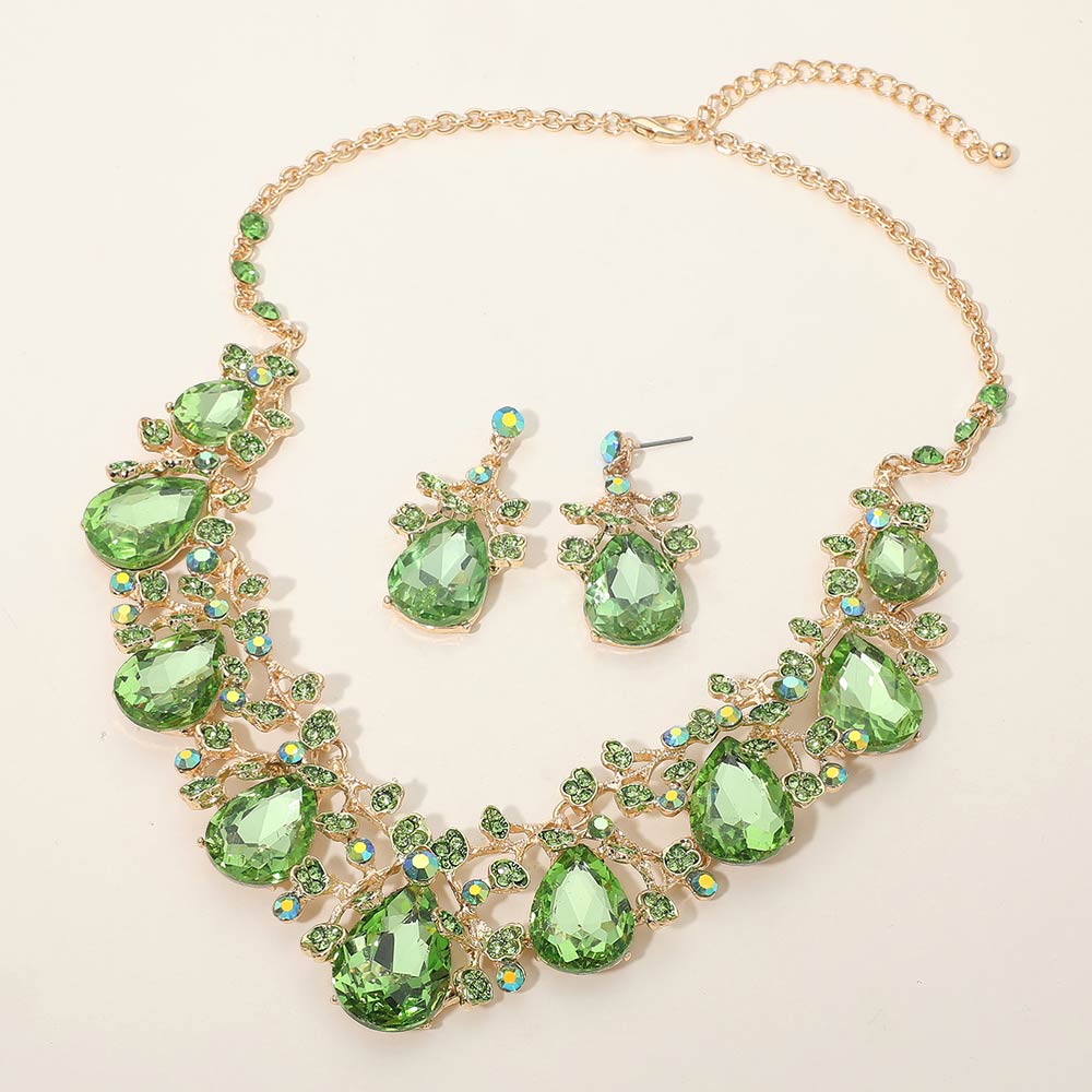Madeline Love Gold, Lime Teardrop Crystal Rhinestone Floral Vine Evening Necklace