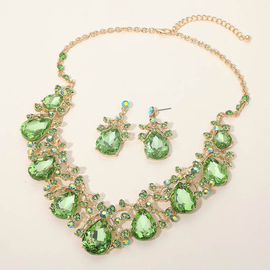 Madeline Love Gold, Lime Teardrop Crystal Rhinestone Floral Vine Evening Necklace