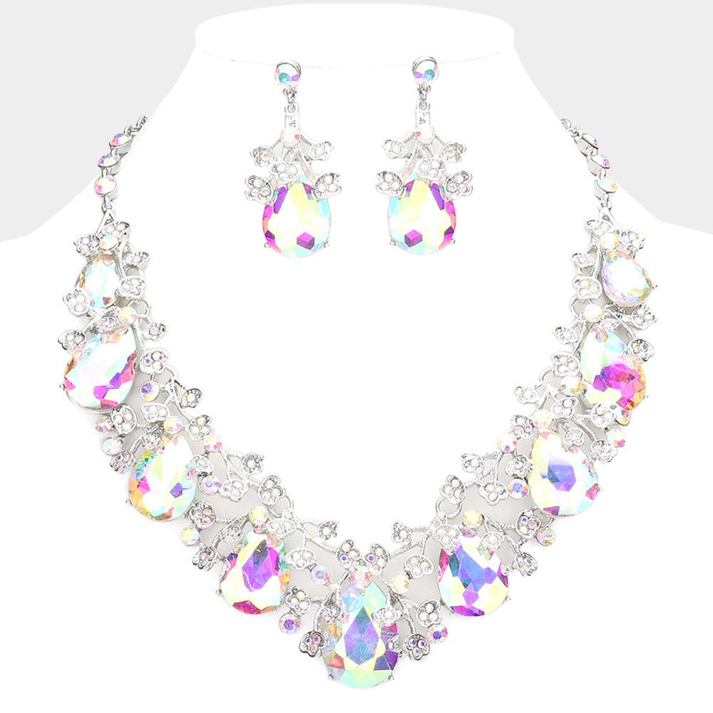 AB, Rhodium Teardrop Crystal Rhinestone Floral Vine Evening Necklace