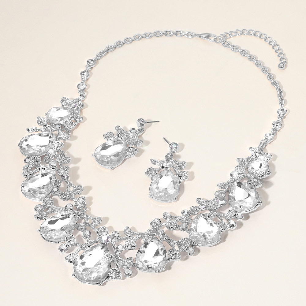 Rhodium Teardrop Crystal Rhinestone Floral Vine Evening Necklace