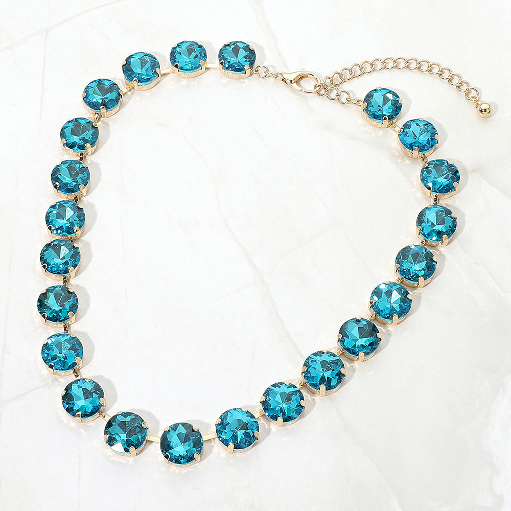 Madeline Love Blue, Gold, Teal Cushion Round Stone Link Evening Necklace