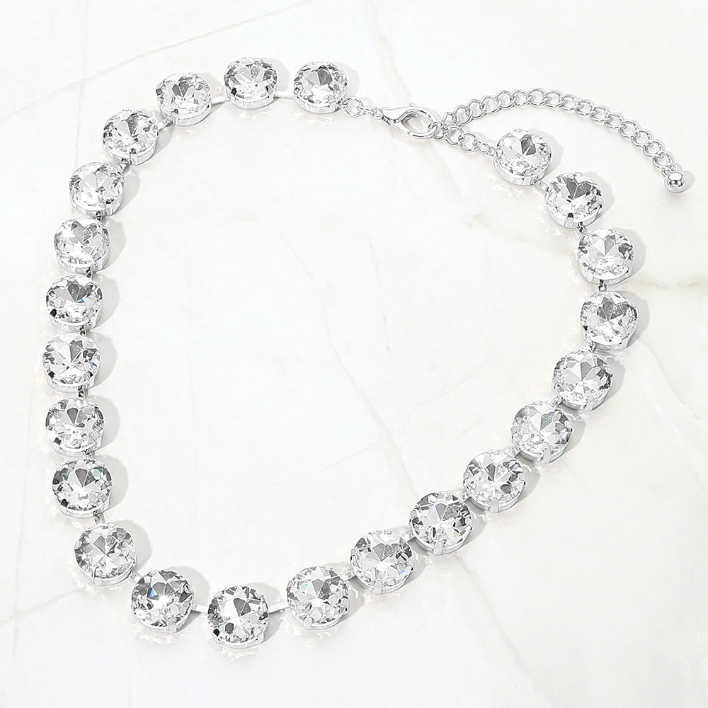 Madeline Love Clear, Rhodium Cushion Round Stone Link Evening Necklace