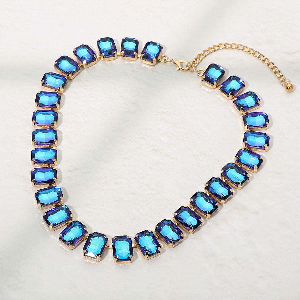 Madeline Love AB, Blue Emerald Cut Gem Link Evening Necklace