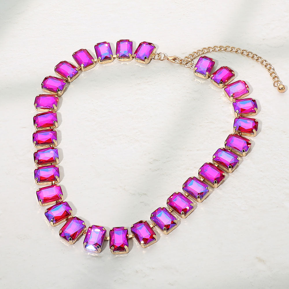 Madeline Love AB, Fuchsia Emerald Cut Gem Link Evening Necklace