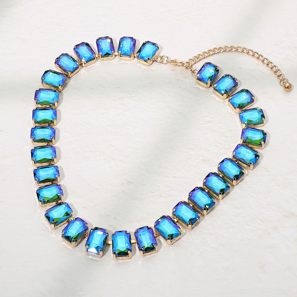 Madeline Love AB, Green Emerald Cut Gem Link Evening Necklace