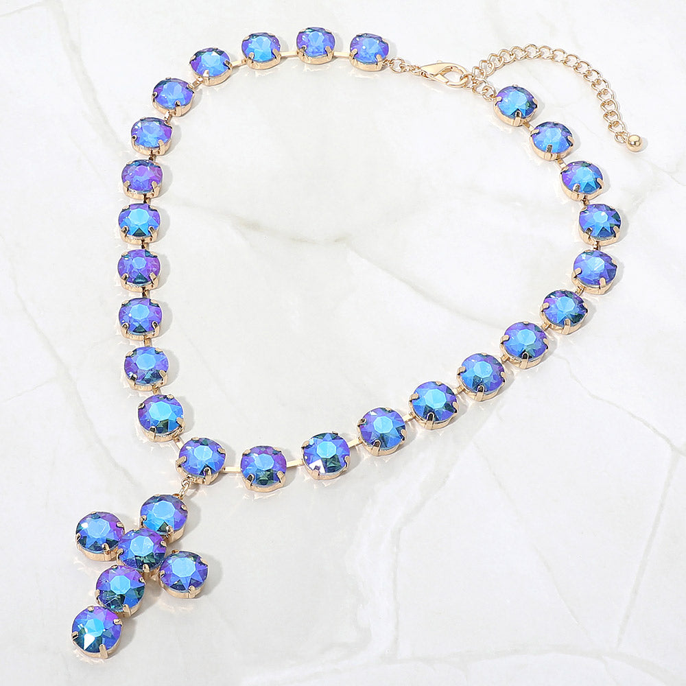 Madeline Love AB, Blue Faceted Gem Link Cross Pendant Evening Necklace