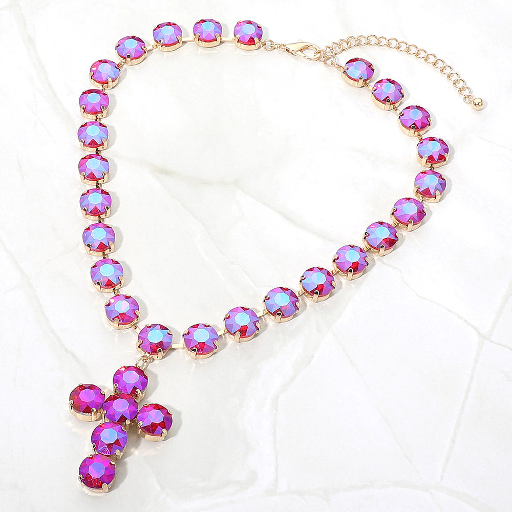 Madeline Love AB, Fuchsia Faceted Gem Link Cross Pendant Evening Necklace