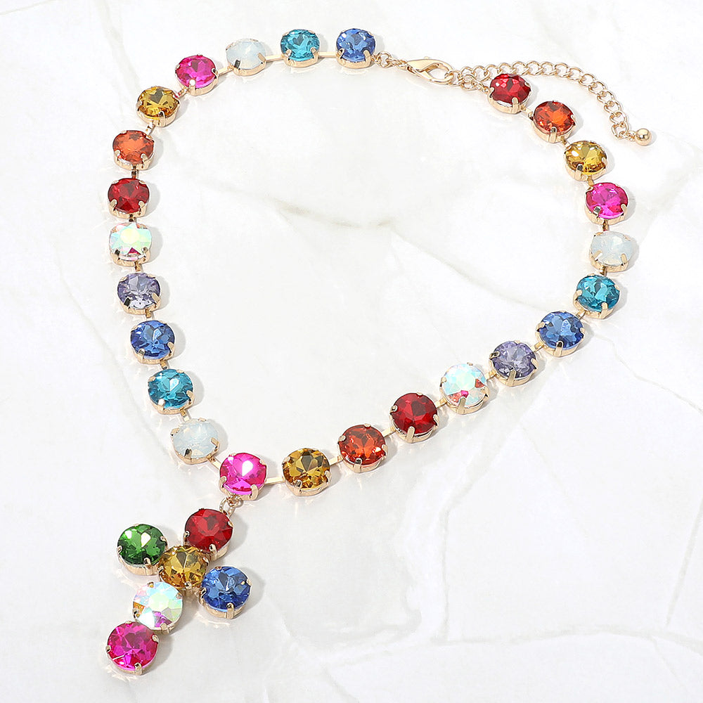 Madeline Love Gold, Multi Faceted Gem Link Cross Pendant Evening Necklace