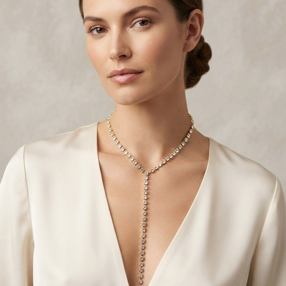 Madeline Love Clear, Gold Faceted Gem Link Long Drop Y-Shaped Evening Magnetic Necklace