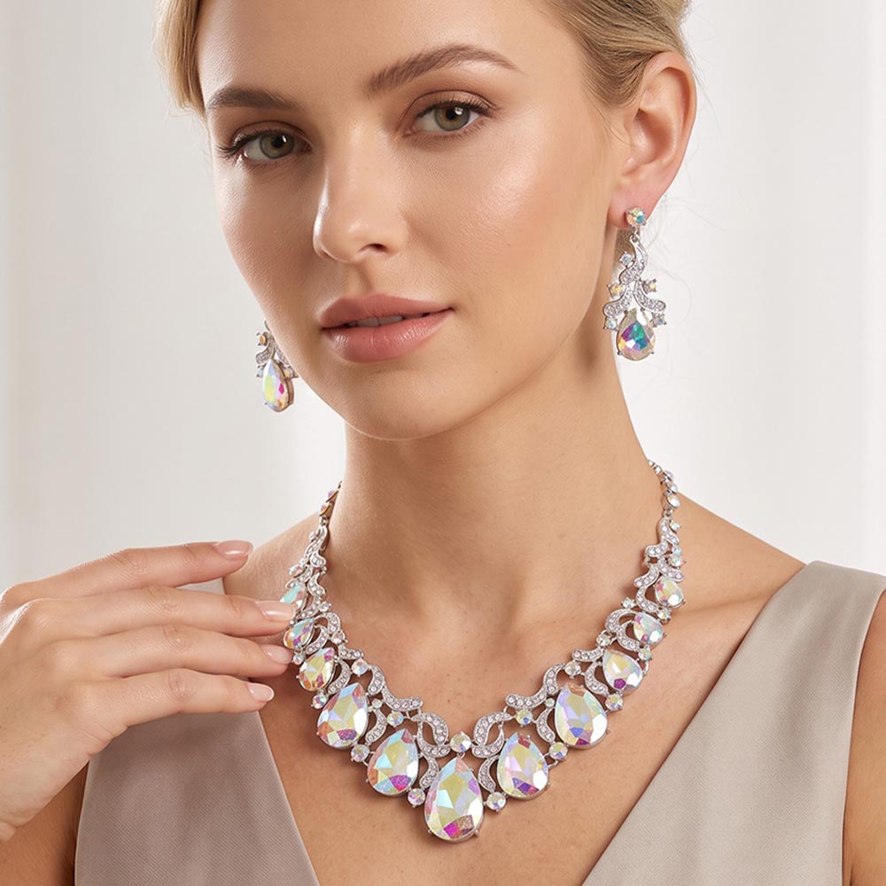 Madeline Love AB, Rhodium Teardrop Stone Accented Evening Necklace